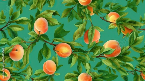  a pattern of peaches and leaves on a green background with a green background and a green background with a green background and a pattern of peaches and leaves.  generative ai