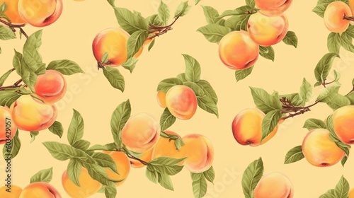  a yellow background with a bunch of peaches on a branch with leaves and leaves on the branch  and a yellow background with a bunch of peaches on the branch.  generative ai