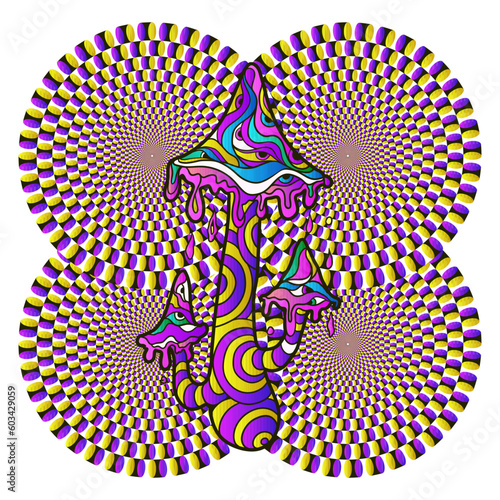Psychedelic Magic Mushrooms Optical illusion. Vector illustration. Rounded color, Decorative mushrooms, hippie, hallucination, psilocybin 60s 70s