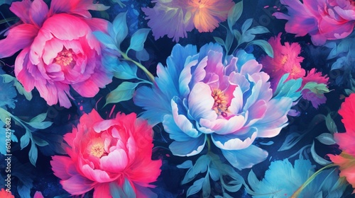  a bunch of colorful flowers on a black background with a blue sky in the back ground and pink  blue  and pink flowers in the middle.  generative ai