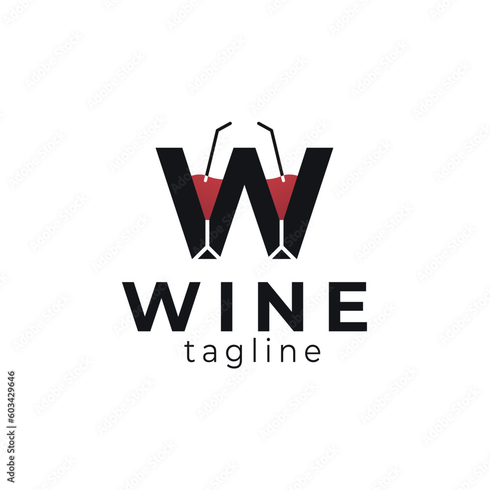 Wine glass logo. Letter W logo of red and white wine background Wine glass logo. Letter W logo of red and white wine background
