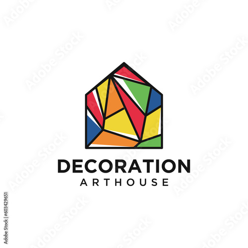 art gallery house logo. Art museum or artist school concept logo with abstract geometric shape house in multicolor design. colorful house artwork logo icon.