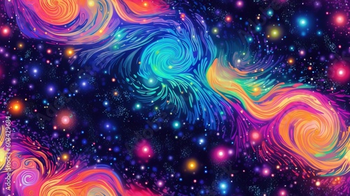  a colorful background with many different colored swirls and stars in the sky, and a black background with a blue, red, yellow, orange, and pink swirl. generative ai