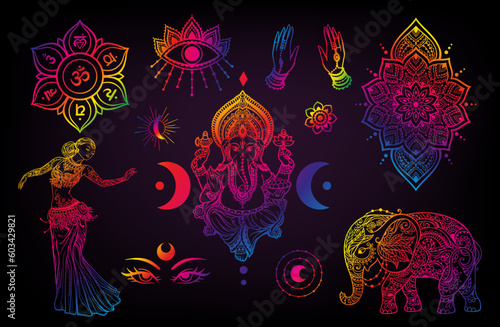 lord Ganesha, Elephant, Dance, Moon, On, Hand. India set. God with elephant head. vector Illustration Mandala medallion yoga Golden