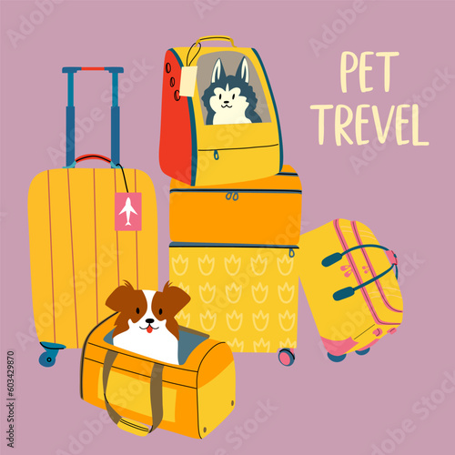 Illustration of the concept of traveling with pets. Transportation of pets. luggage and bags for animals.