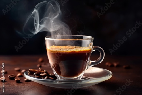 A close-up shot of a freshly brewed espresso, with steam rising from the cup, set against a dark background to showcase the rich color of the coffee. Generative AI