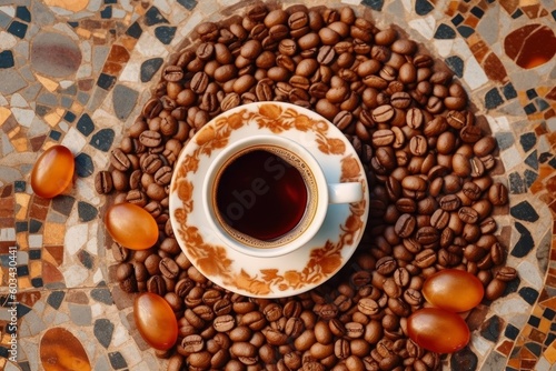 A top-down shot of an espresso cup on a saucer, surrounded by coffee beans arranged in a pattern. Generative AI