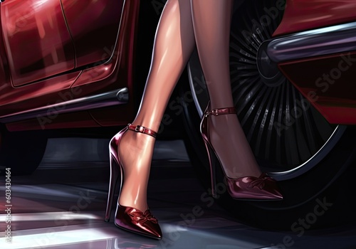 Illustration Of Gorgeous Woman Leg Red Supercar Backdrop Generative AI