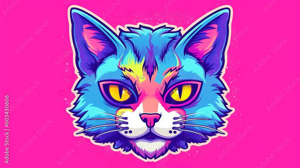  a colorful cat's face on a pink background with a pink background and a pink background with a white cat's head and yellow eyes.  generative ai