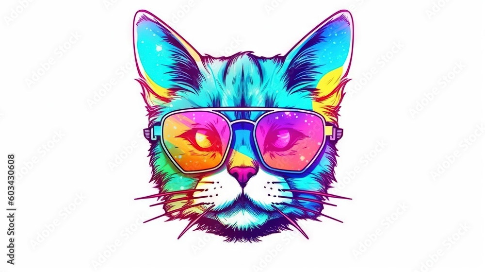  a colorful cat wearing sunglasses and a star filled background is featured in the image on the left side of the image is a white background.  generative ai