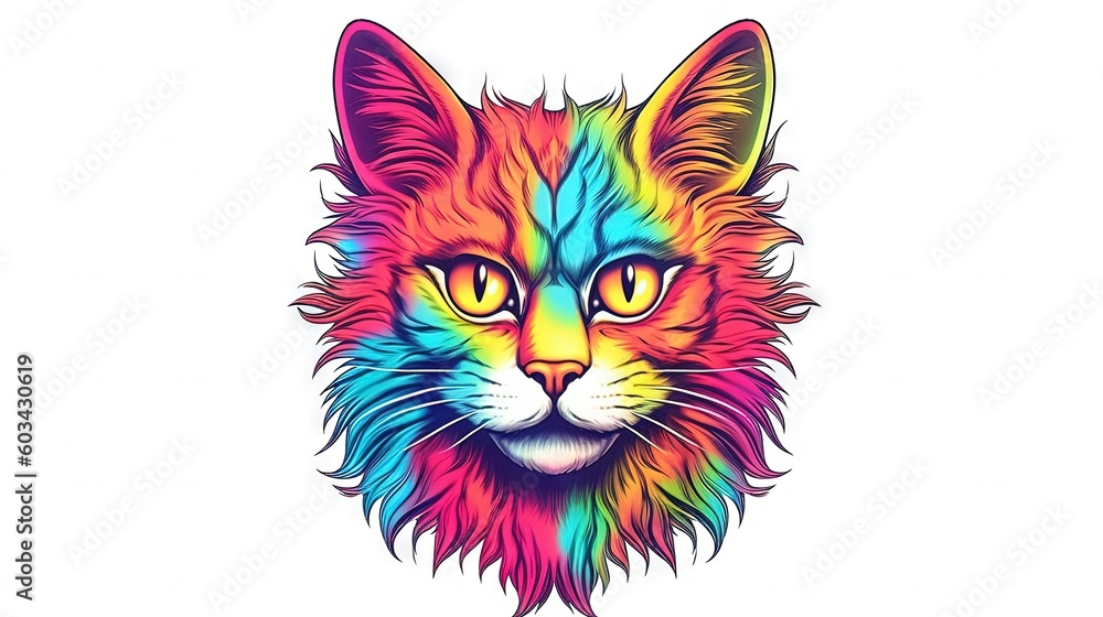  a colorful cat's face is shown with a white background and a black outline of the cat's head is shown in the center of the image.  generative ai