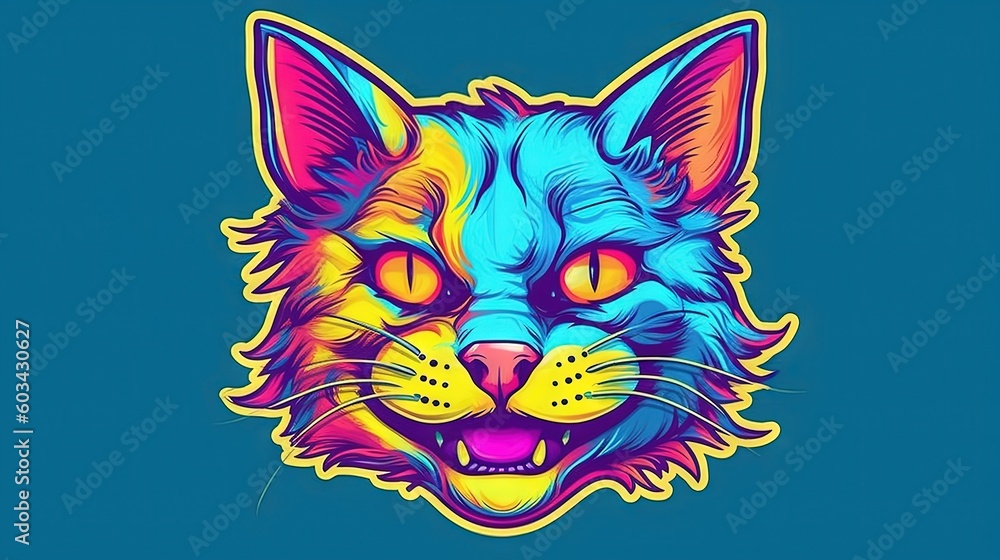  a colorful cat's face is shown on a blue background with a yellow and pink outline on the left side of the image, and a blue background with a yellow outline.  generative ai