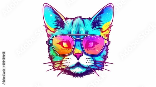  a colorful cat wearing sunglasses and a star filled background is featured in the image on the left side of the image is a white background.  generative ai © Nadia