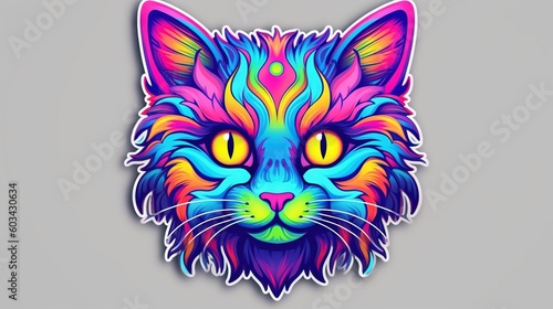  a sticker of a colorful cat s face with yellow eyes and a blue tail  with a pink  orange  yellow  blue  green  and pink  and purple  and orange cat s eyes.  generative ai