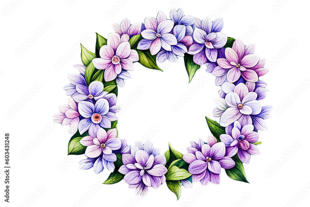 Watercolor floral wreath of purple flowers, purple lilac branches and foliage. Botanical illustration in vintage style. Wedding decorations isolated on white background.