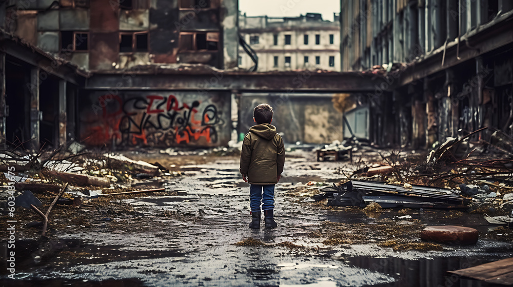 Child Immersed in Imaginative Solitude within an Abandoned Apocalyptic City - Generated AI