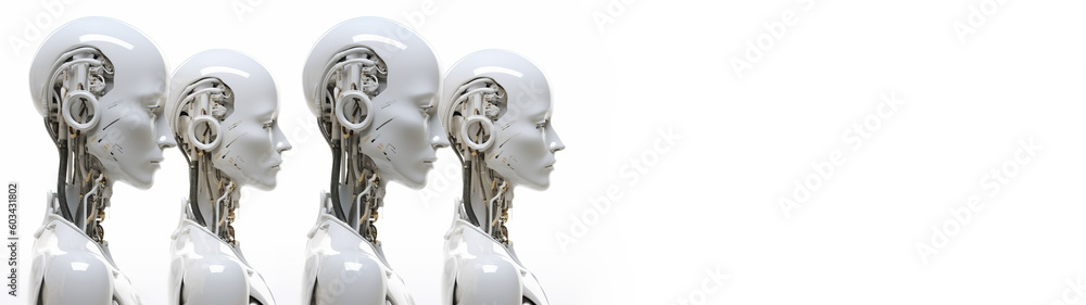 Technology, artificial future futural business banner Panorama - Closeup of many robotic people, robot female, robots, side view, isolated on white background, Generative Ai Technology, artificial future futural business banner Panorama - Closeup of many robotic people, robot female, robots, side view, isolated on white background, Generative Ai