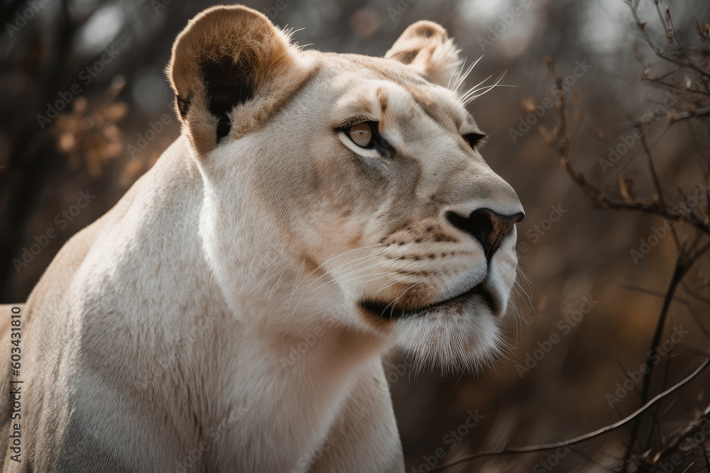 Obraz premium big white lionesses looking at the camera, beautiful background, savannah background, ai generated.