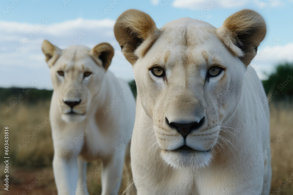 big white lionesses looking at the camera, beautiful background, savannah background, ai generated. big white lionesses looking at the camera, beautiful background, savannah background, ai generated.