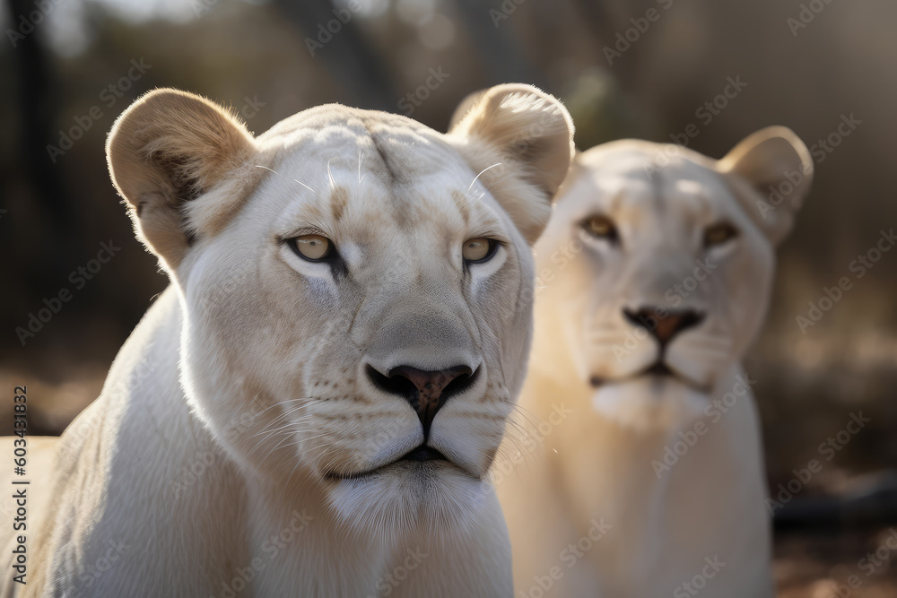 big white lionesses looking at the camera, beautiful background, savannah background, ai generated.