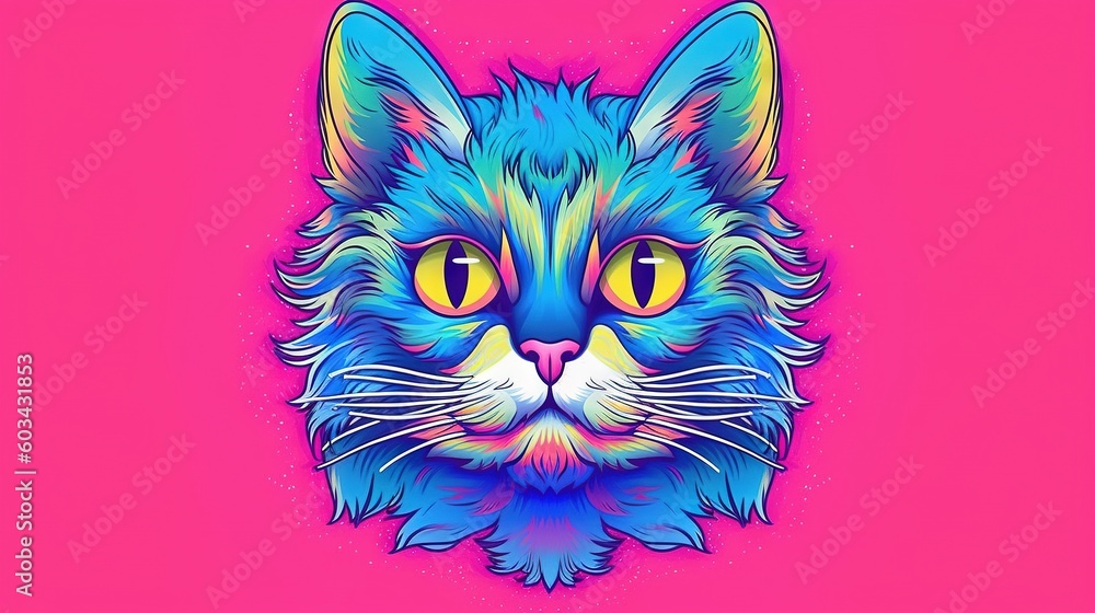 a colorful cat's face on a pink background with a blue and yellow cat's head in the center of the image is a pink background. generative ai a colorful cat's face on a pink background with a blue and yellow cat's head in the center of the image is a pink background. generative ai