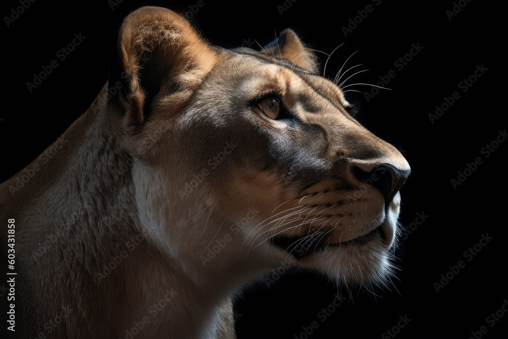 Fototapeta premium lioness, black background, hyperrealistic photography, ai generated.