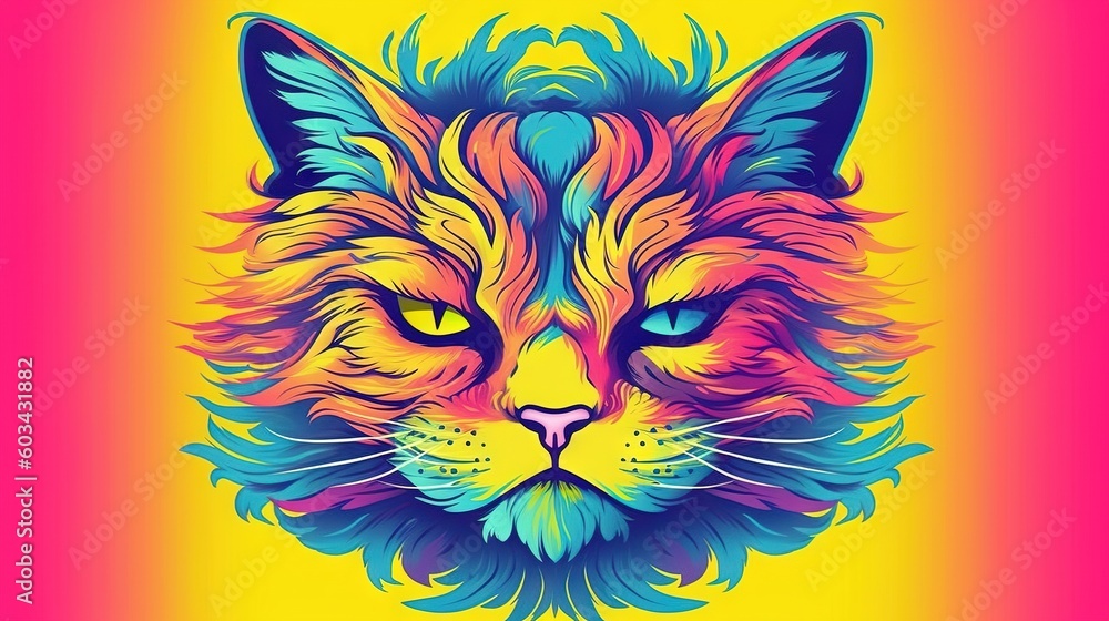  a colorful cat's face on a yellow background with a pink and blue background and a yellow background with a pink border and a blue border.  generative ai