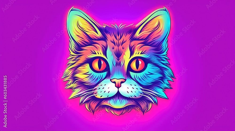  a colorful cat's face on a purple background with a pink and blue background and a pink and purple background with a red and blue cat's head.  generative ai