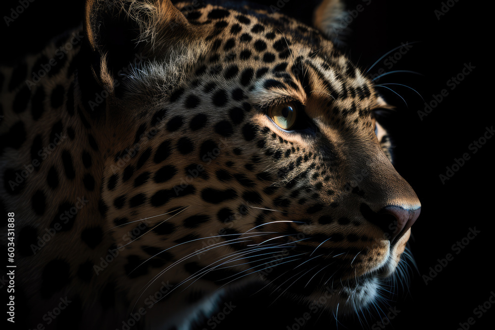 Fototapeta premium leopard, black background, hyperrealistic photography, ai generated.
