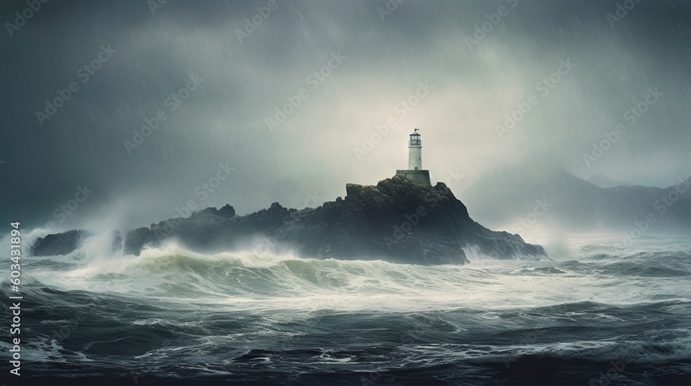  a lighthouse in the middle of the ocean with a storm coming over it and a boat in the water below it and a dark sky above it.  generative ai