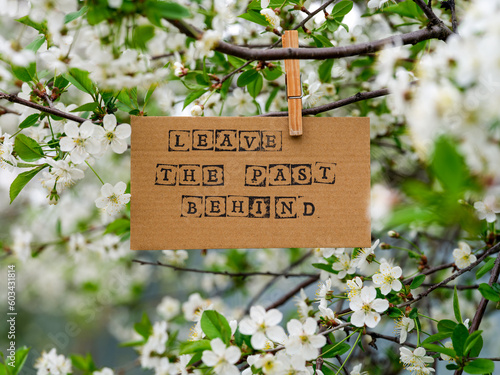 A piece of cardboard with words Leave the Past Behind on it hanging on a cherry tree branch with blossoms using a wooden clothes pin. © rosinka79