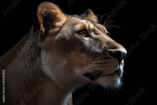 lioness, black background, hyperrealistic photography, ai generated.