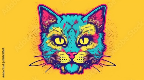  a colorful cat's face with yellow eyes and a blue nose on a yellow background with halftone dots and halftone dots around the cat's head.  generative ai © Nadia