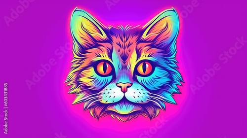  a colorful cat's face on a purple background with a pink and blue background and a pink and purple background with a red and blue cat's head.  generative ai © Nadia
