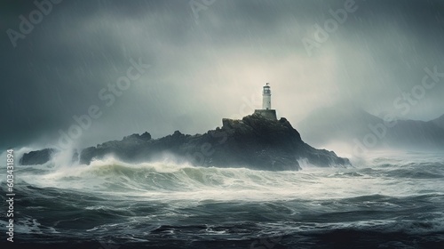  a lighthouse in the middle of the ocean with a storm coming over it and a boat in the water below it and a dark sky above it. generative ai