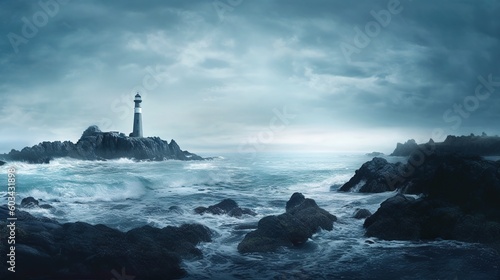  a lighthouse in the middle of a body of water with waves crashing around it and a dark cloudy sky above the lighthouse is a light house. generative ai