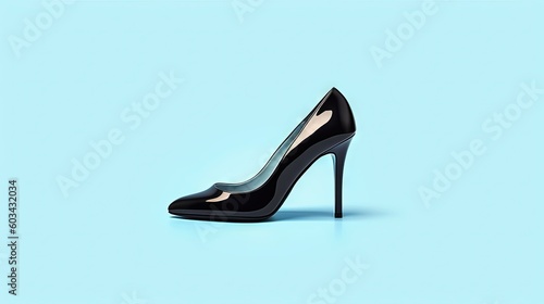  a black high heeled shoe on a light blue background with a black heel and a black heeled shoe with a high heel and a thin heel. generative ai