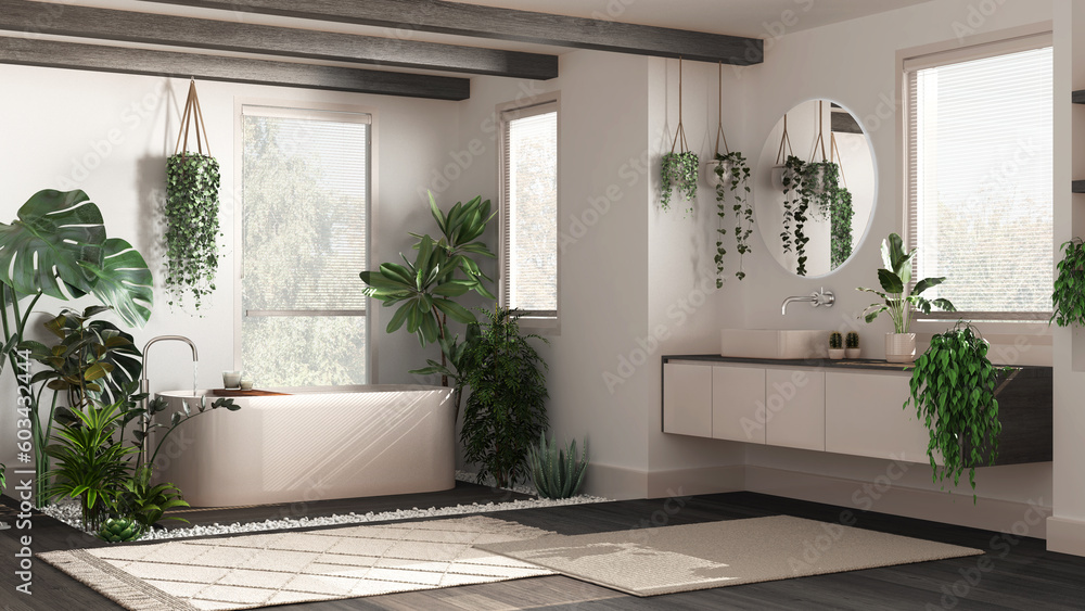 Modern dark mwooden bathroom in white and beige tones with bathtub and washbasin. Parquet and carpets. Biophilic concept, many houseplants. Urban jungle interior design