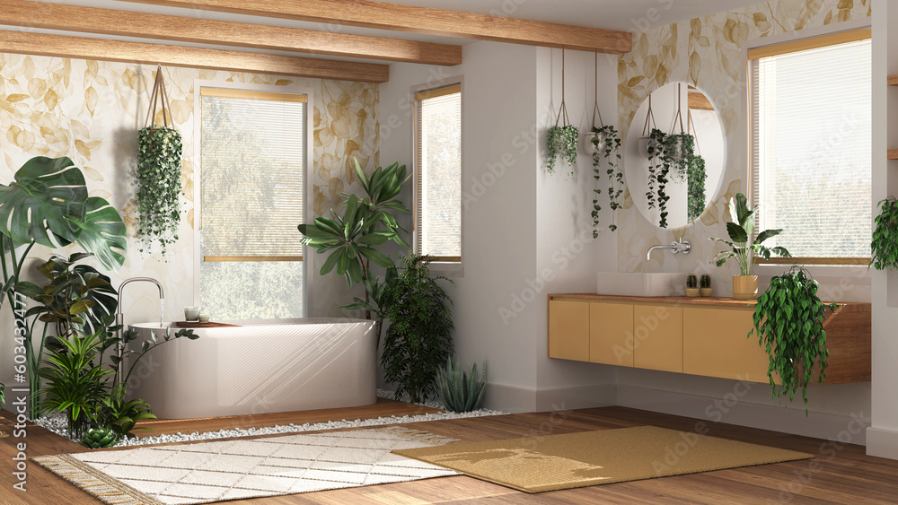 Modern wooden bathroom in white and yellow tones with bathtub and washbasin. Parquet and carpets. Biophilic concept, many houseplants. Urban jungle interior design