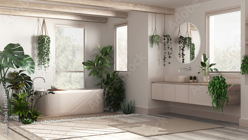 Modern bleached wooden bathroom in white and beige tones with bathtub and washbasin. Parquet and carpets. Biophilic concept  many houseplants. Urban jungle interior design