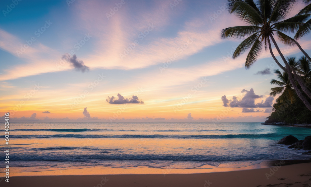 Tropical beach at sunset. Generative AI