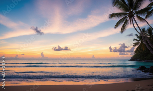 Tropical beach at sunset. Generative AI © Sem