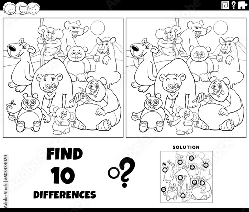 differences game with cartoon bears animals coloring page