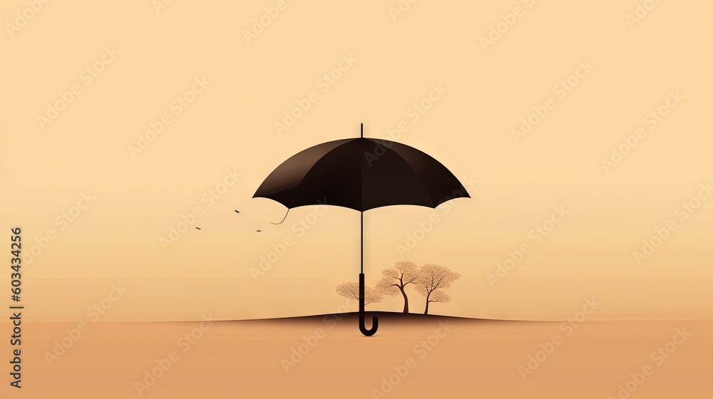  a person holding an umbrella in the middle of a desert with a tree on the other side of the umbrella, and a bird flying away from the umbrella.  generative ai