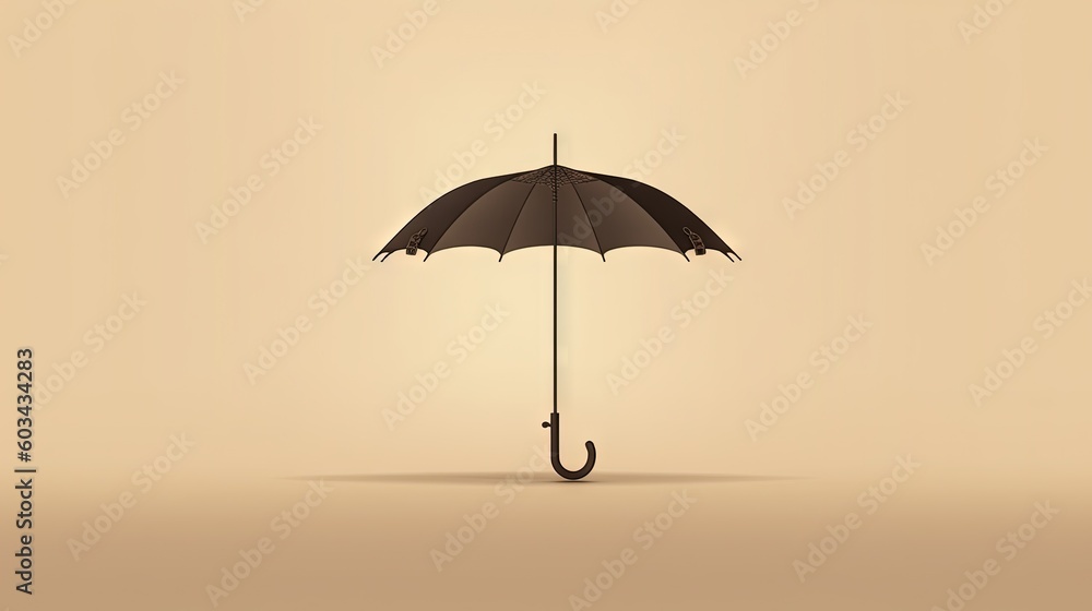  a black umbrella with a black handle on a beige background with a shadow of an umbrella on the ground and a black handle on the top of the umbrella.  generative ai