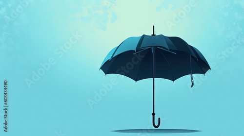  a blue umbrella with a black handle on a blue background with a shadow of a person holding an umbrella in the air with a blue sky background. generative ai