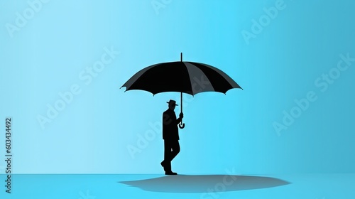  a man holding an umbrella standing in the middle of a blue room with a shadow of himself on the floor and a blue background behind him. generative ai