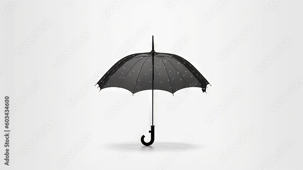  a black umbrella with white dots on the top of it and a black handle on the bottom of the umbrella, with a white background.  generative ai