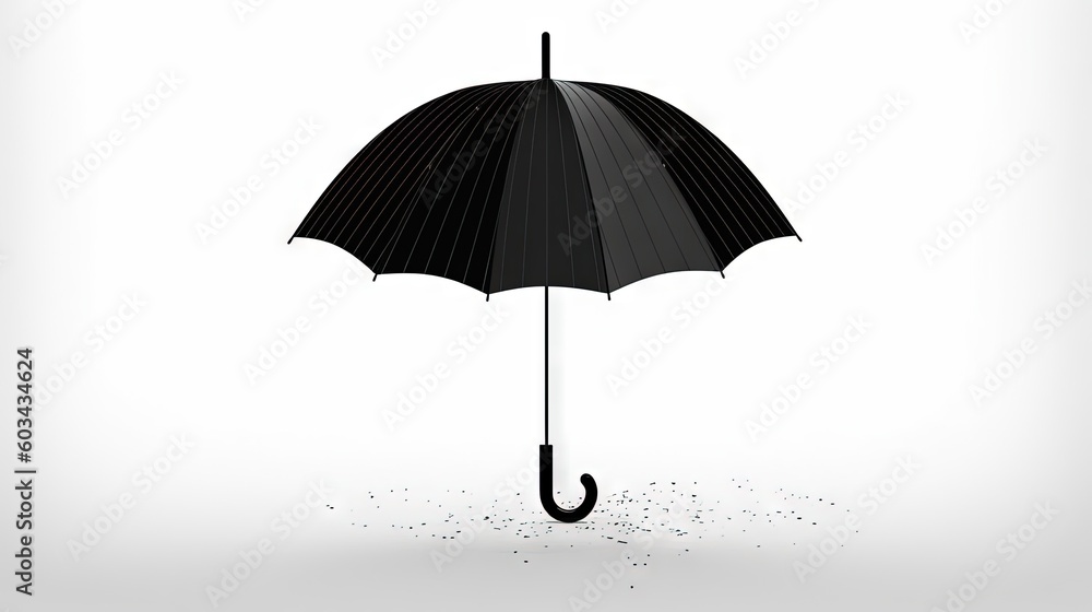  a black umbrella with a black handle on a white background with sprinkles around it and a shadow of a person holding an umbrella.  generative ai