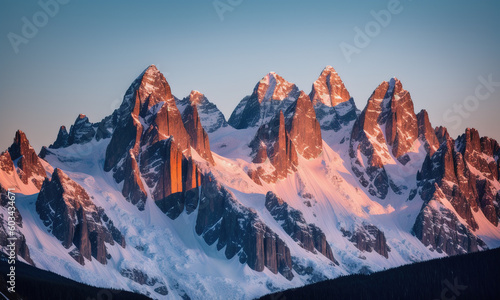 Snow-capped mountain at sunset. Generative AI